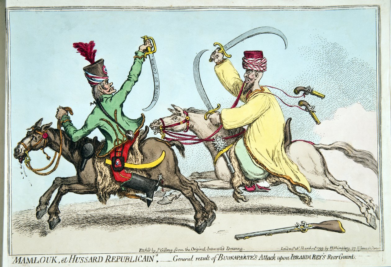 Mamlouk e Hussard Republicain, ou Resultado Geral do Ataque de Bonaparte à Guarda Traseira de Ibrahim Bey, publicado por Hannah Humphrey em 1799 (gravura à mão colorida) de James Gillray