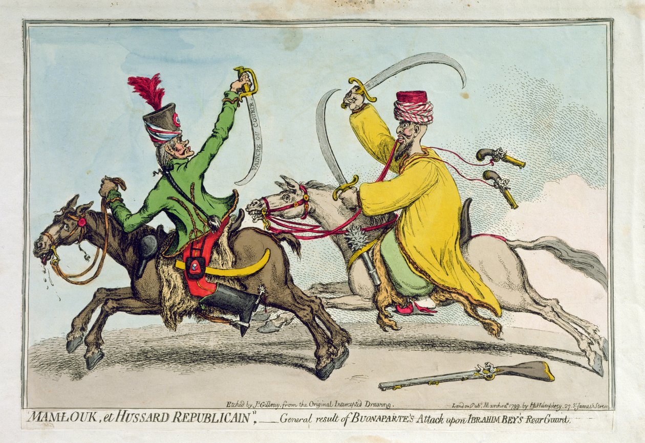 Mamlouk e Hussard Republicain, ou Resultado Geral do Ataque de Bonaparte à Guarda Traseira de Ibrahim Bey (1735-1817), publicado por Hannah Humphrey em 1799 (gravura à mão colorida) de James Gillray
