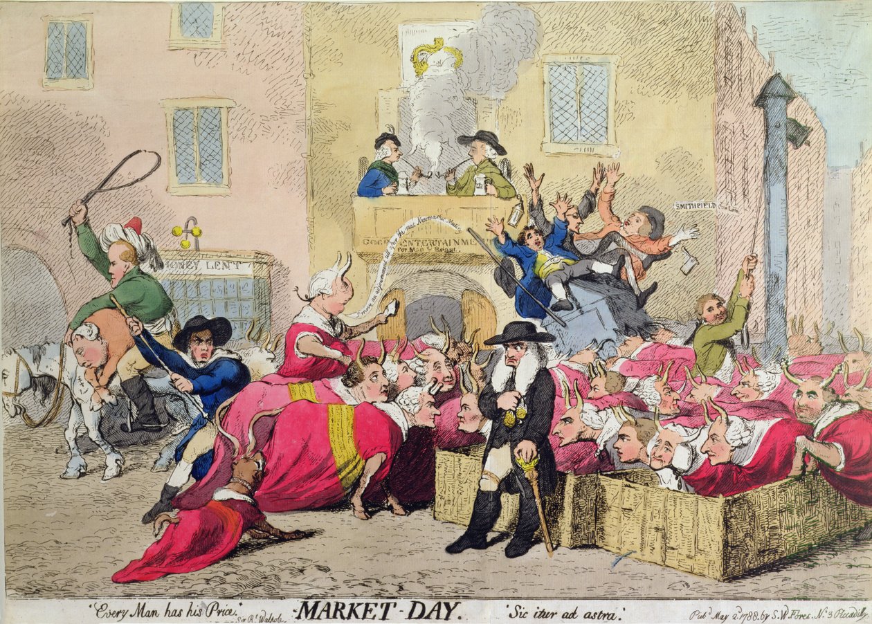 Market Day, publicado pela S.W. Fores em 1788 (gravura colorida à mão) de James Gillray