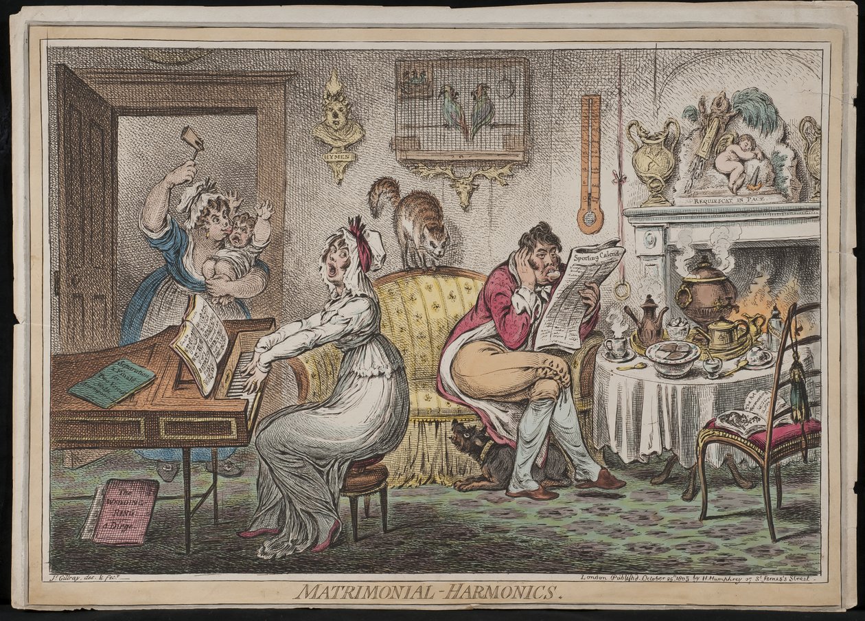 Harmônicos matrimoniais, publicado por Hannah Humphrey, 1805 (gravura à mão colorida) de James Gillray