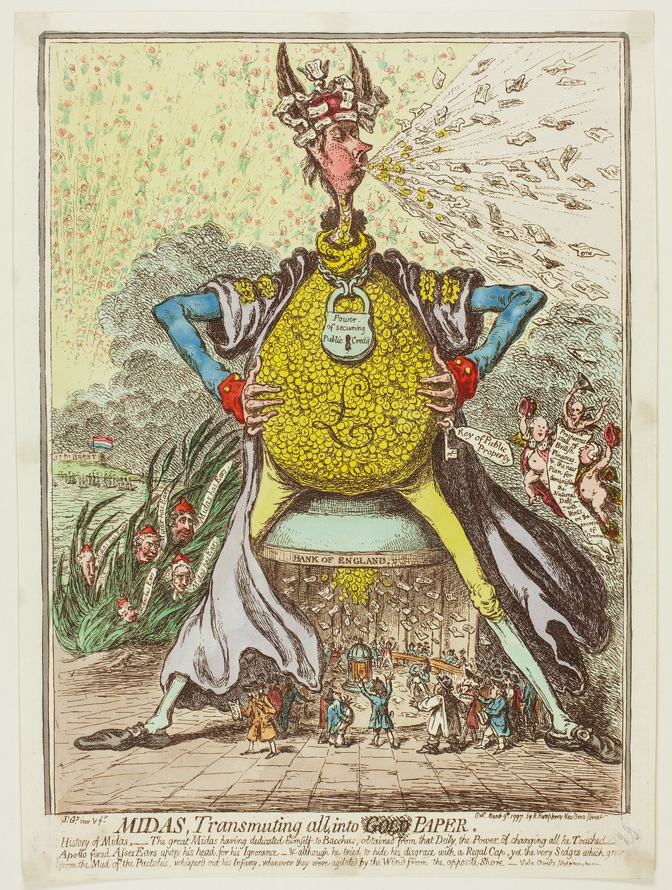 Midas, transformando tudo em papel de James Gillray