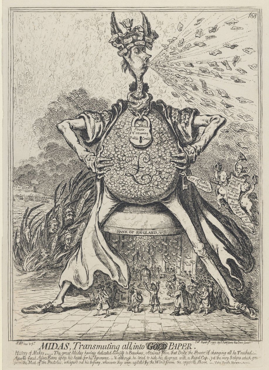 Midas, transmutando tudo em papel dourado, 1797 de James Gillray