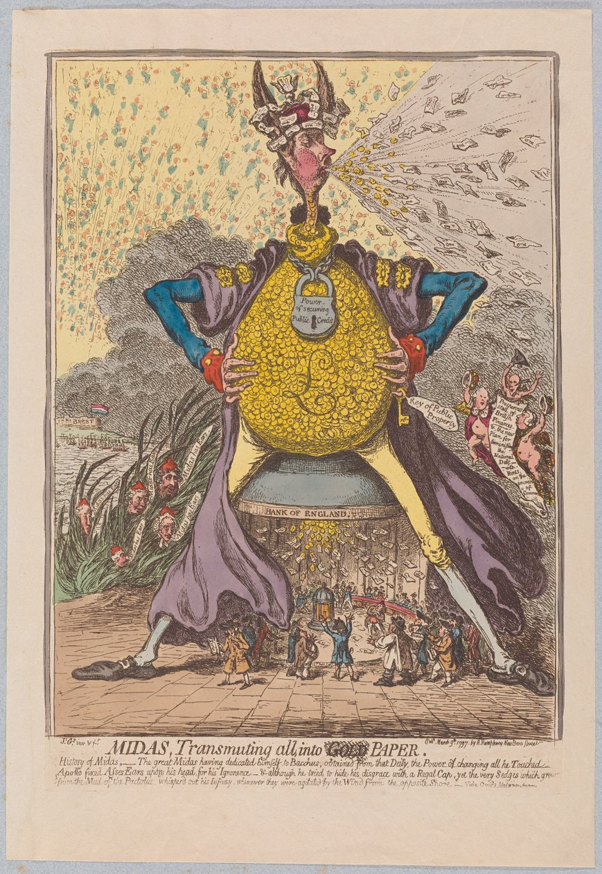 Midas, Transmutando tudo em [Gold] Paper, pub. 1797 (gravura colorida à mão) de James Gillray