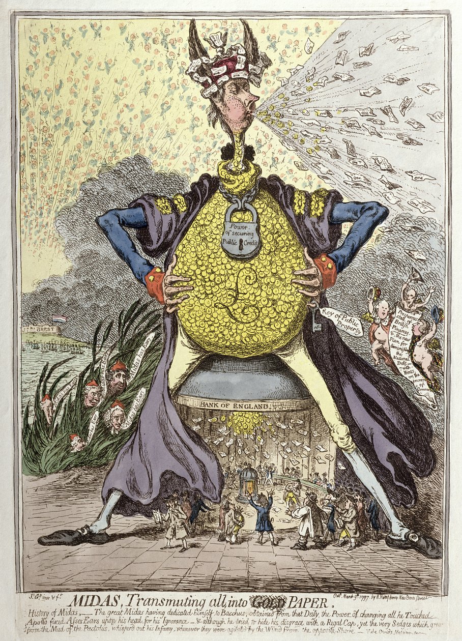 Midas Transmutando tudo em Papel Dourado, publicado por Hannah Humphrey em 1797 (gravura à mão colorida) de James Gillray