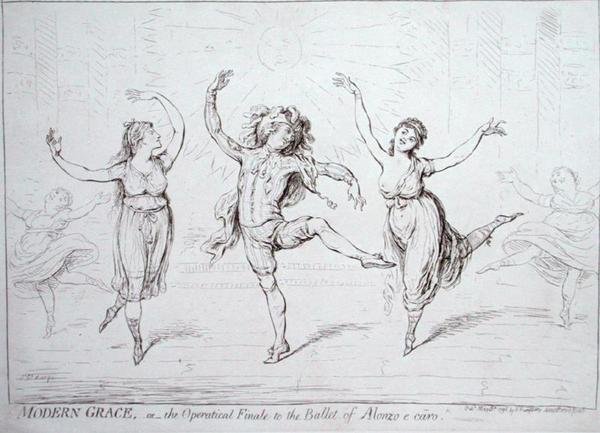 Modern Grace, ou o Final Operatical Finale to the Ballet of Alonzo e caro, publicado por Hannah Humphrey em 1796 (caneta e tinta sobre papel) de James Gillray