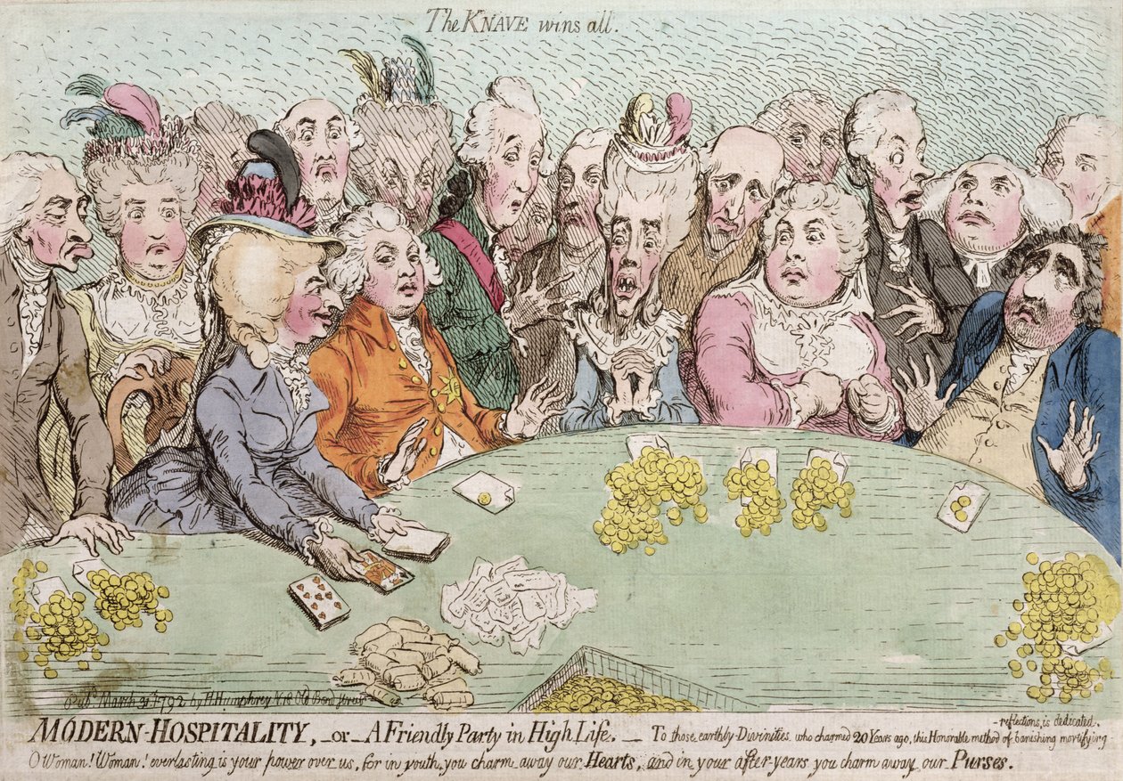Modern Hospitality, ou A Friendly Party in High Life, publicado por Hannah Humphrey em 1792 (gravura à mão colorida) de James Gillray