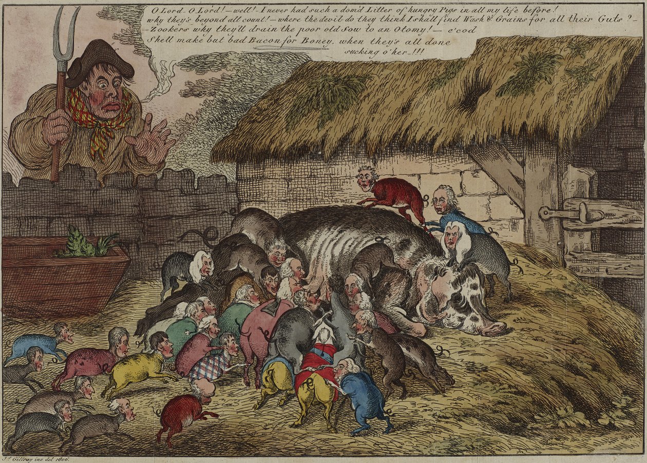 Mais porcos do que tetas, ou - a nova ninhada de grunhidos famintos, sugando a velha porca de John Bull até a morte, 9 de maio de James Gillray