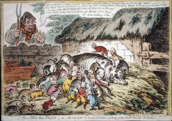 Mais Porcos que Tetinas, publicado por Hannah Humphrey em 1806 (gravura colorida à mão) de James Gillray