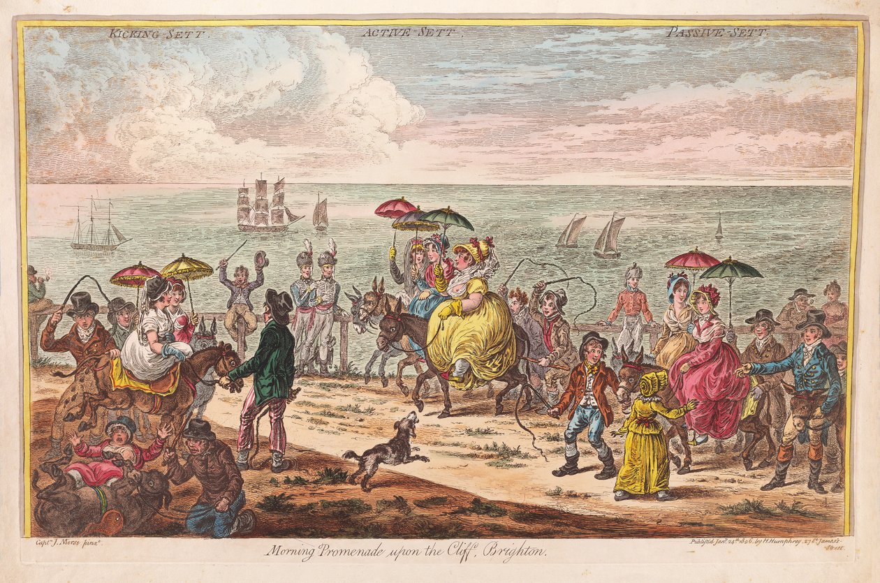 Passeio matutino em cima do penhasco, Brigghton, após o capitão J. Morse, bar. 1806 (gravura colorida à mão) de James Gillray