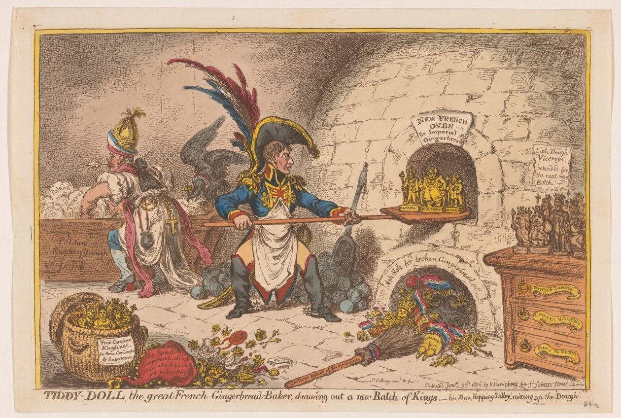 Napoleão assou uma pequena loja de conveniência, 1806
Tiddy-Doll, o grande padeiro francês de pão de especiarias; desenho de um novo Lote de Reis (título sobre o objecto) de James Gillray