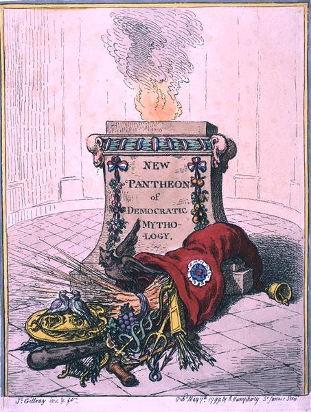 Novo Panteão da Mitologia Democrática, publicado por Hannah Humphrey em 1799 (gravura colorida à mão) de James Gillray