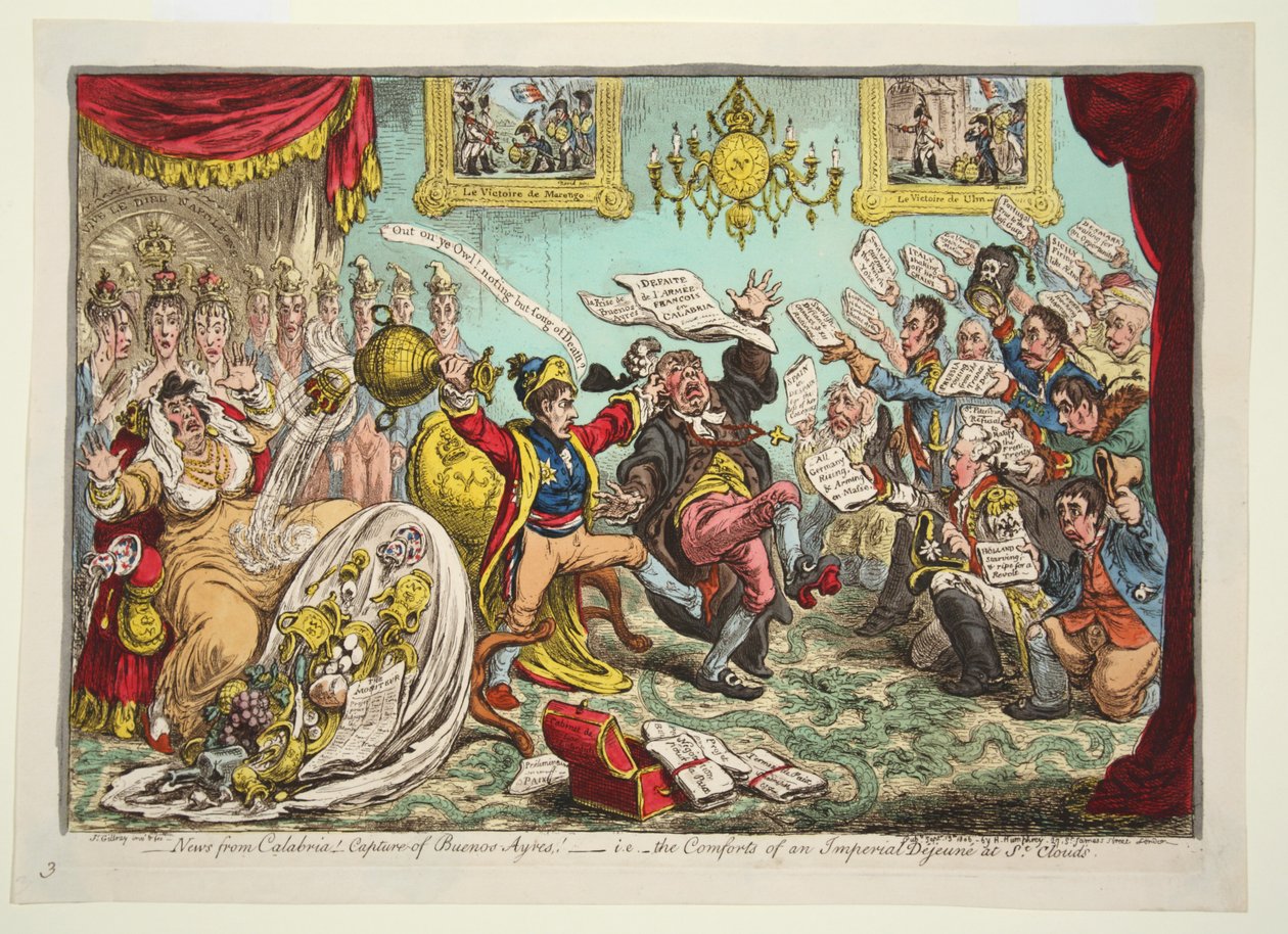 Notícias da Calábria! Captura de Buenos Aires! - ou seja, os confortos de um Dejeune Imperial em St Clouds, pub. 1806 (gravura colorida à mão) de James Gillray