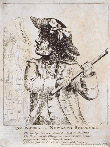No Popery, ou Reformador Newgate: possivelmente Ned Dennis usando um favor "No Popery" em seu chapéu com Newgate Prison em chamas atrás de James Gillray