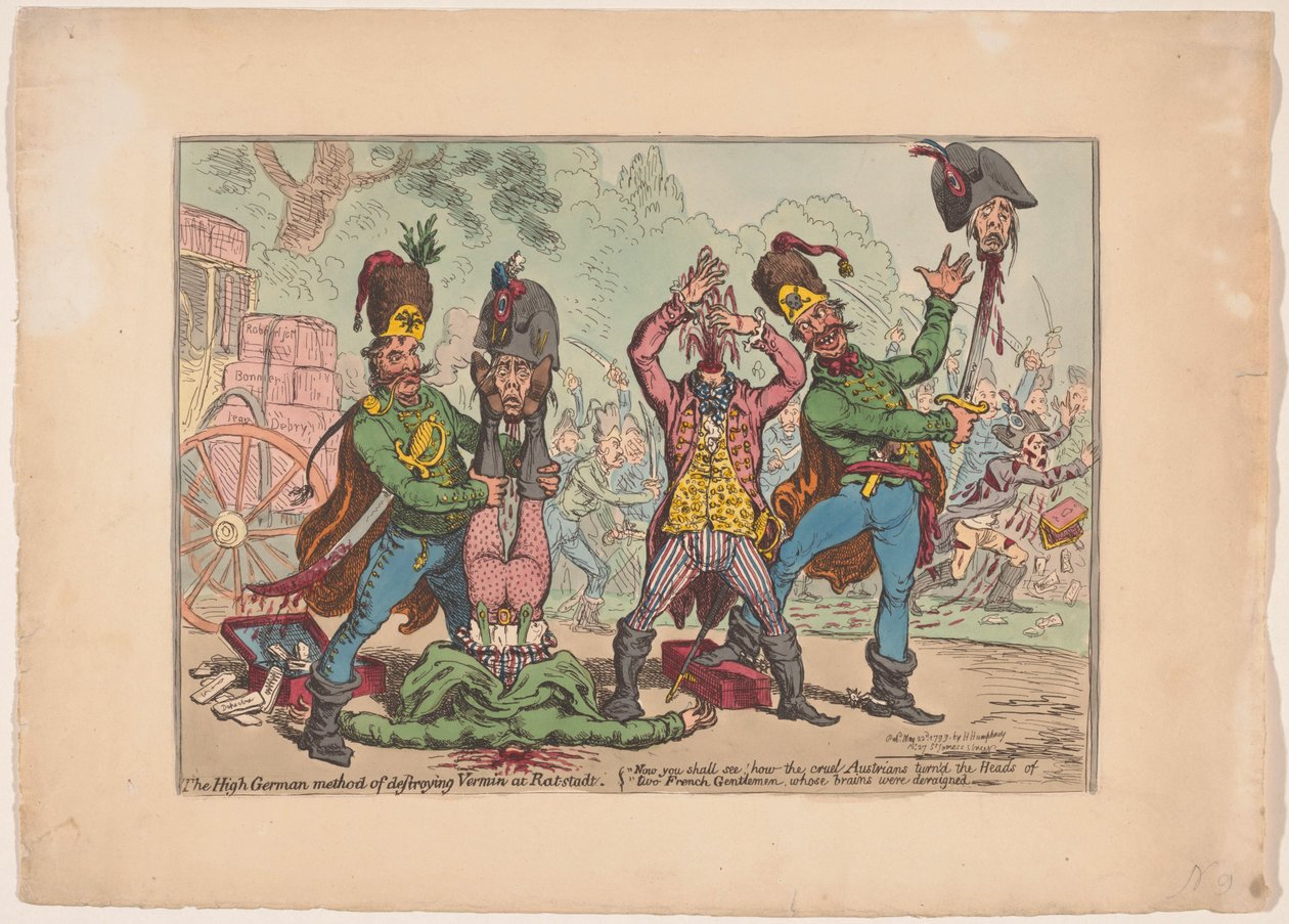 Tratamento austríaco dos enviados franceses, 1799
O método alemão de destruição de Vermin em Rat-stadt (título sobre o objecto) de James Gillray