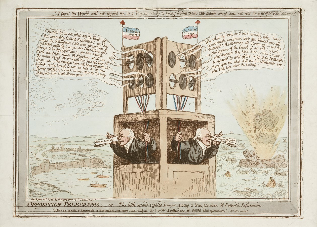 Telégrafos da oposição, ou o pequeno advogado de segunda vista dando um verdadeiro espécime de informação patriótica, 21 de junho de 1798 de James Gillray