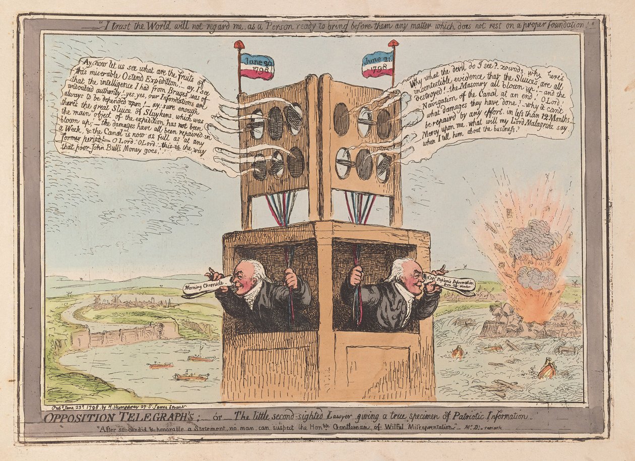 Telégrafos da oposição, ou o pequeno advogado de visão secundária dando um verdadeiro exemplar de Informação Patriótica, pub. 1798 (gravura colorida à mão) de James Gillray