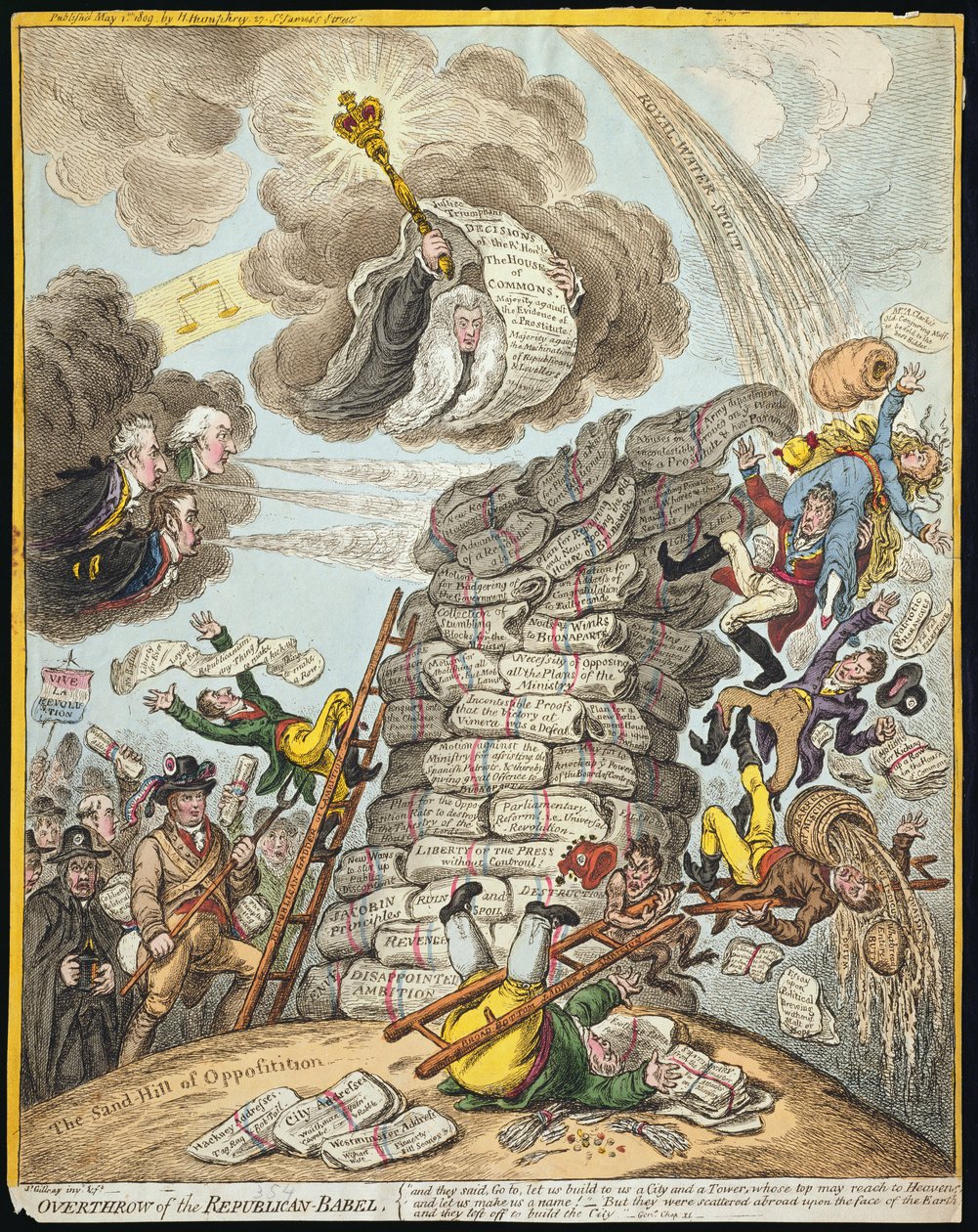 Derrubada da Babel Republicana, publicada por Hannah Humphrey em 1809 (gravura à mão colorida) de James Gillray