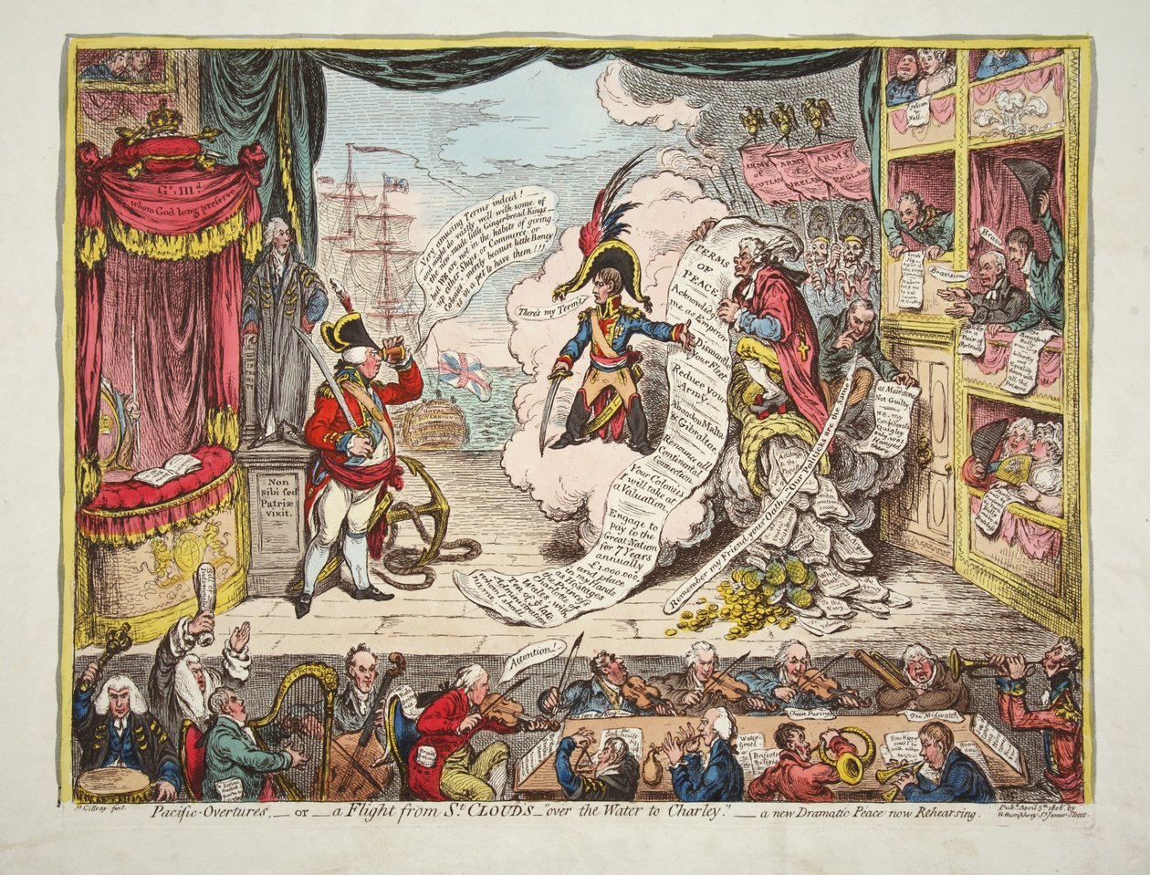 Pacífico-Overtured, - ou - um vôo de St Clouds- sobre o Wter para Charlet. - uma nova paz dramática agora ensaiando, pub. 1806 (gravura colorida à mão) de James Gillray