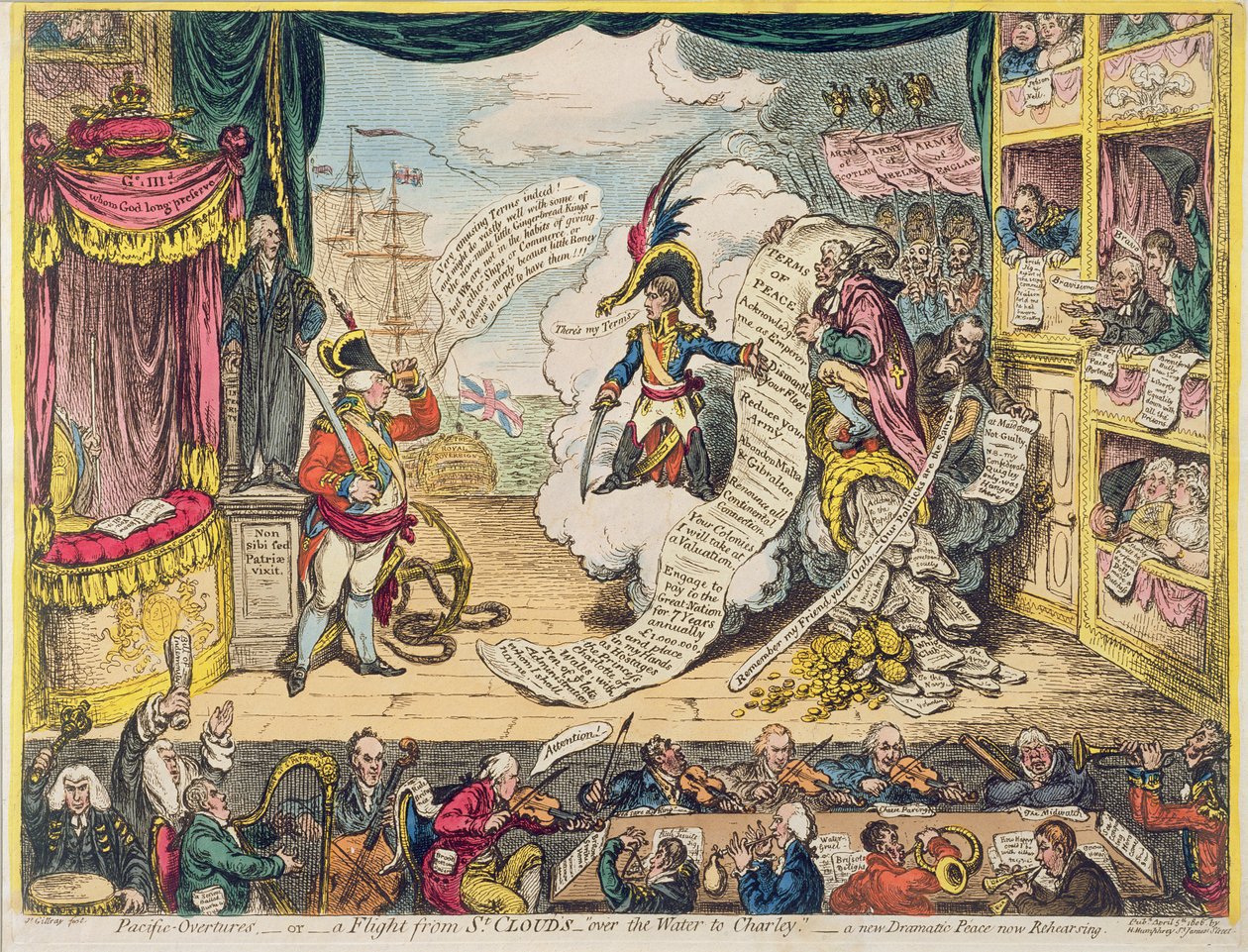Pacific-Overtures, ou Um vôo de St. Clouds &39;sobre a água para Charley&39; - uma nova paz dramática agora ensaiando, publicado por Hannah Humphrey em 1806 (gravura à mão colorida) de James Gillray