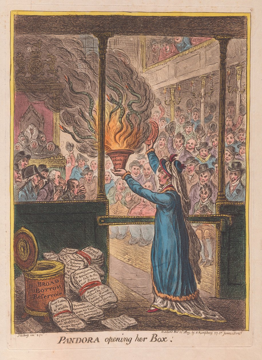 Pandora abrindo sua caixa, pub. 1809 (gravura colorida à mão) de James Gillray