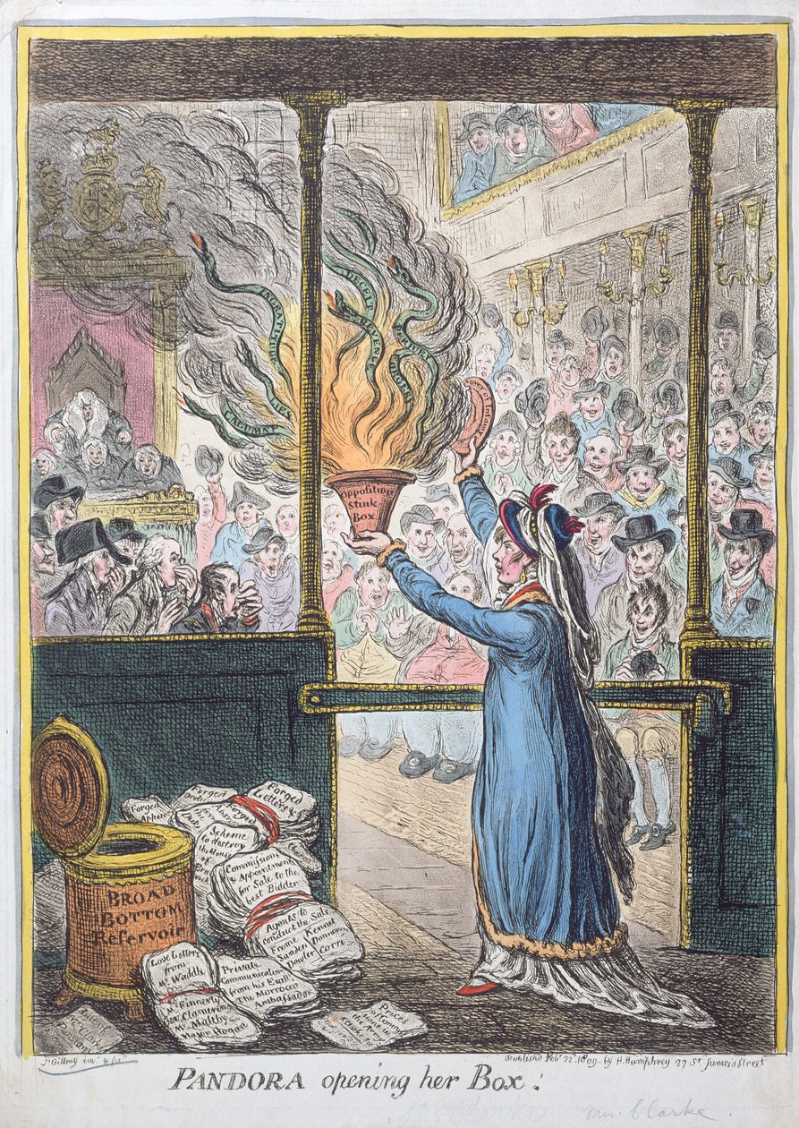 Pandora Abrindo sua Caixa, publicada por Hannah Humphrey, 1809 (gravura à mão colorida) de James Gillray