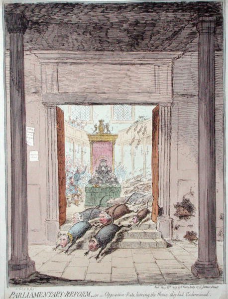 Reforma Parlamentar, ou Ratos da Oposição que deixaram a Casa que tinham sido Suberminados, publicado por Hannah Humphrey em 1797 (gravura colorida à mão) de James Gillray