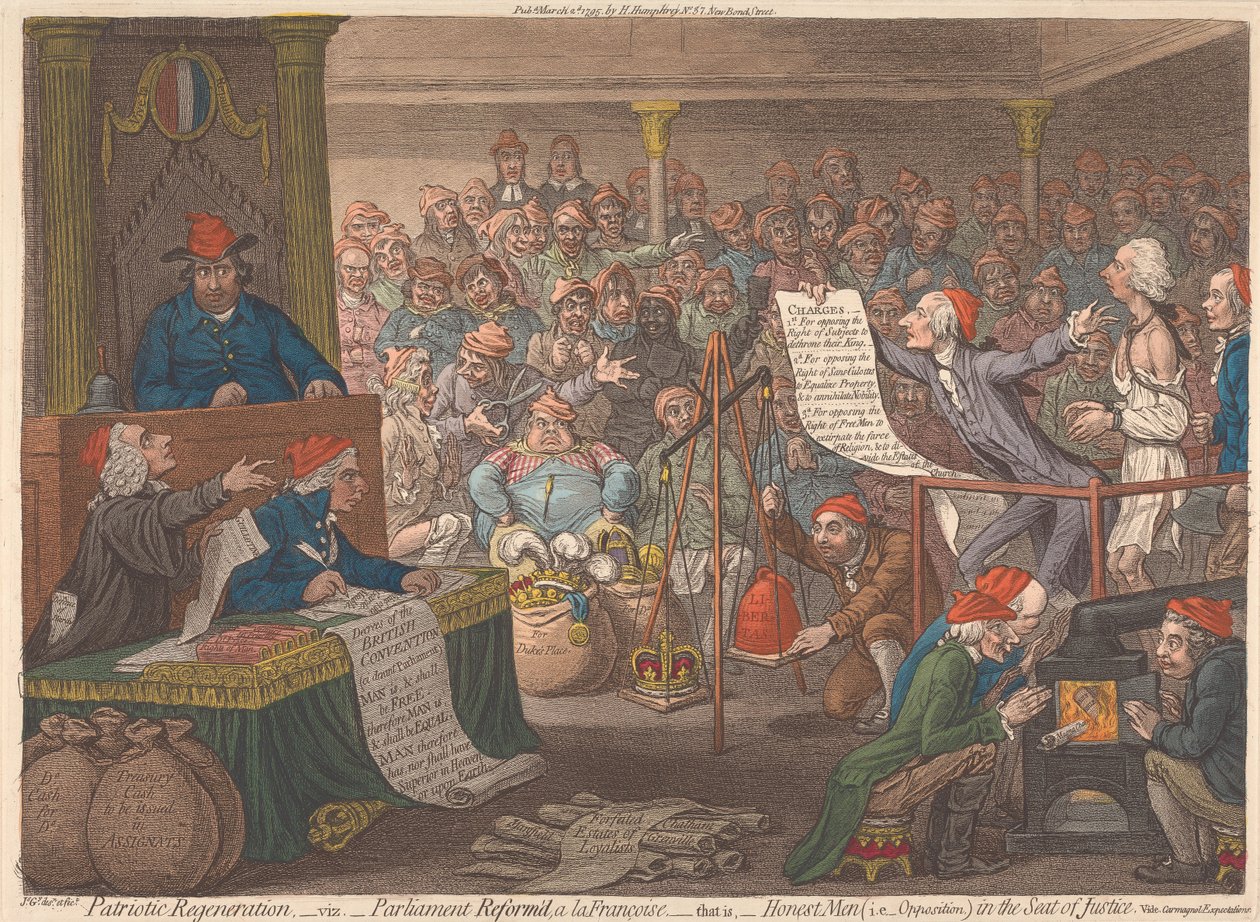 Regeneração patriótica, a saber: o Parlamento reformado à francesa, isto é: homens honestos (ou seja, a oposição) no assento da justiça. Vejam-se as expectativas da Carmagnole de James Gillray