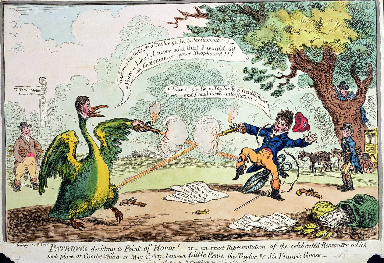 Patriotas que decidem um ponto de honra! ou Uma representação exata do Rencontre que ocorreu em Coombe Wood em 2 de maio de 1807 entre Little Paul the Taylor e Sir Francis Goose, publicado por Hannah de James Gillray