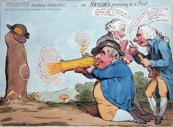 Patriotas se divertindo, ou suecos praticando em um posto, publicado por Hannah Humphrey em 1792 (gravura colorida à mão) de James Gillray