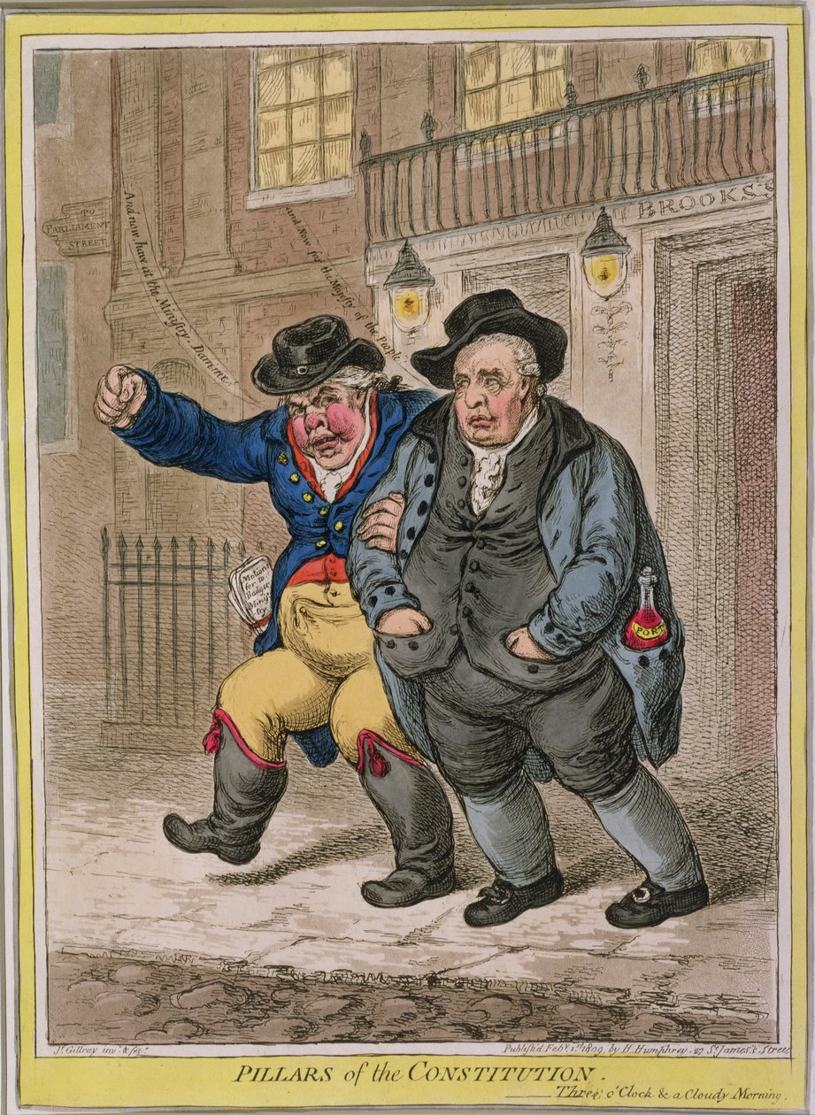 Pilares da Constituição: Três horas e uma manhã nublada, publicado por Hannah Humphrey em 1809 (gravura à mão colorida) de James Gillray