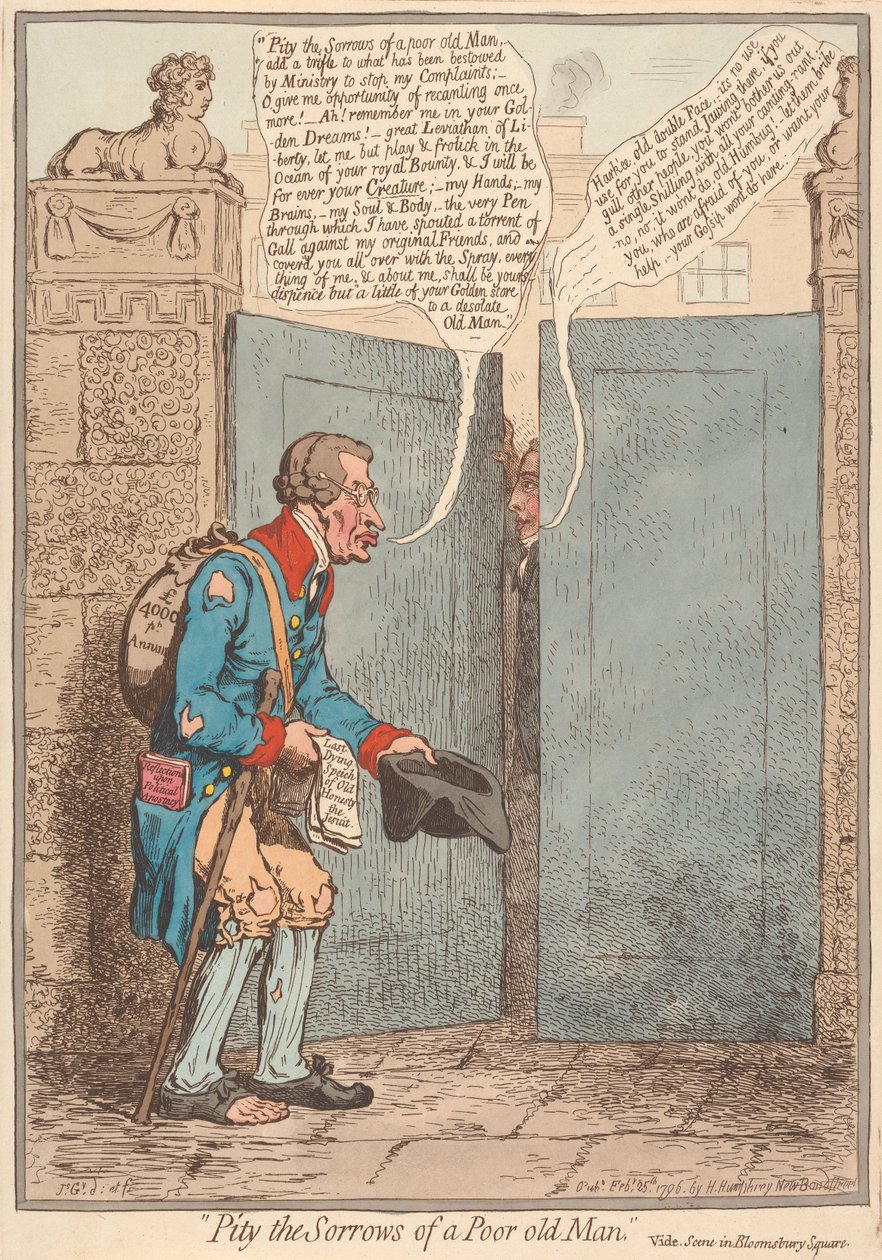 Tenha pena das tristezas de um pobre velhinho; veja a cena em Bloomsbury Square de James Gillray