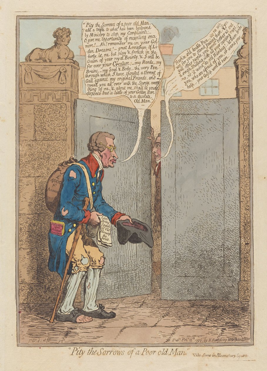 Pity the Sorrows of a Poor Old Man, pub. 1796 (gravura colorida à mão) de James Gillray