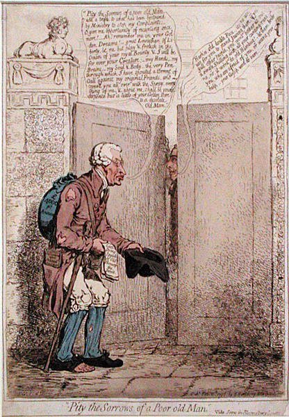 Pity the Sorrows of a Poor Old Man, publicado por Hannah Humphrey em 1796 (gravura colorida à mão) de James Gillray