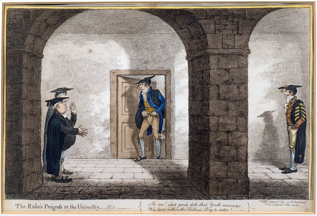 Placa 1 de &39;The Rake&39;s Progress na Universidade, publicado por Hannah Humphrey em 1806 (gravura à mão colorida) de James Gillray