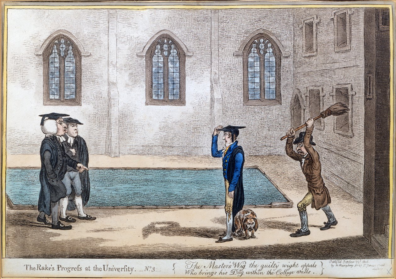 Placa 3 de &39;The Rake&39;s Progress at University&39;, publicada por Hannah Humphrey em 1806 (gravura à mão colorida) de James Gillray