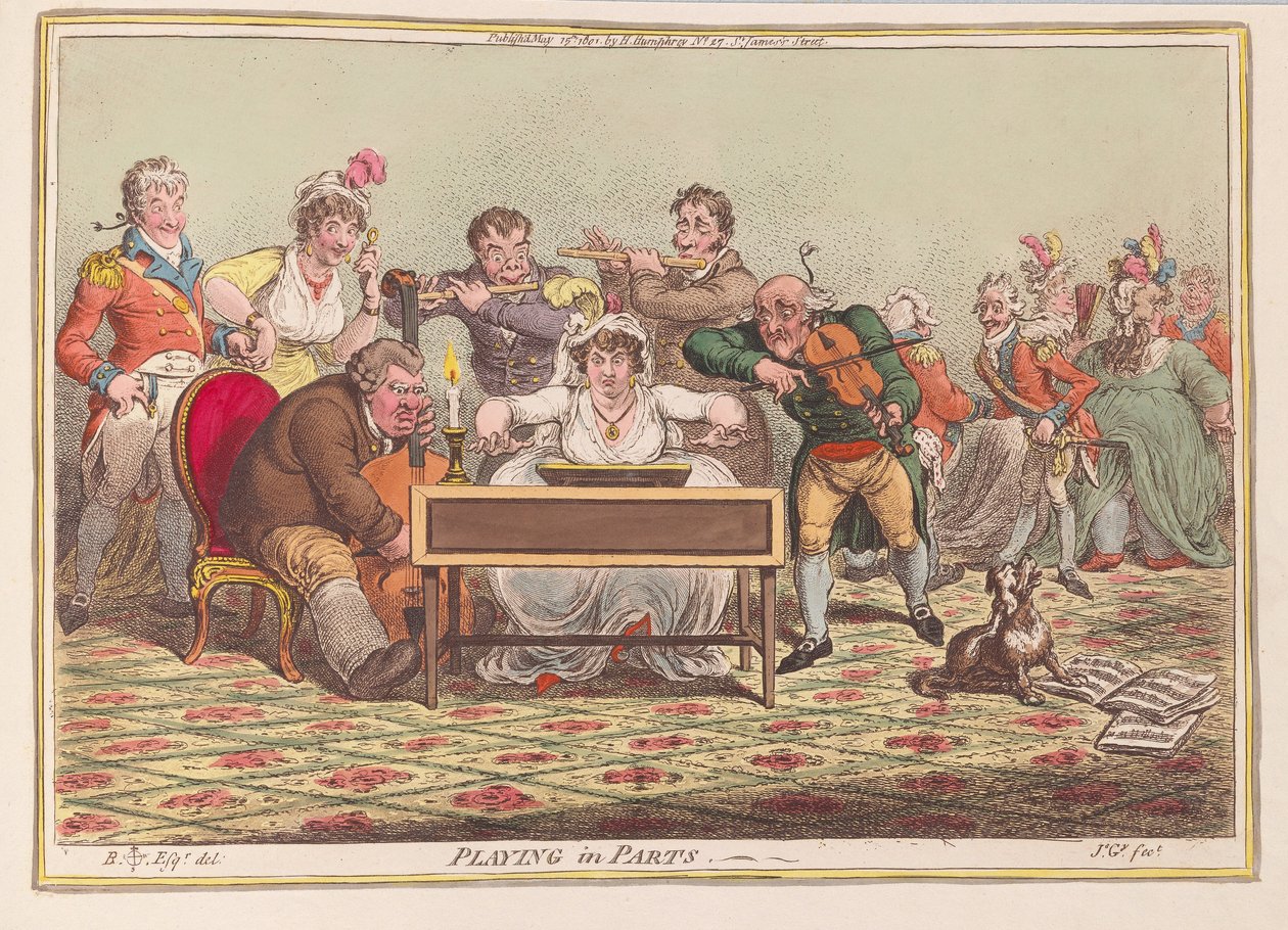 Tocando em peças, pub. 1801 (gravura colorida à mão) de James Gillray