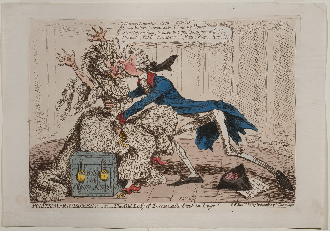 Ravishing político, ou a senhora idosa da rua de Threadneedle no perigo!, Publicou por Hannah Humphrey, 1797 (gravura à mão colorida) de James Gillray