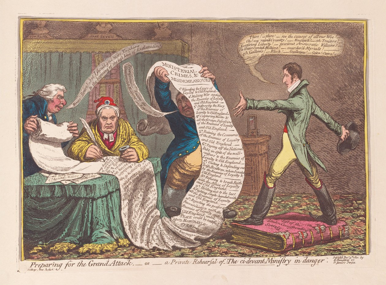 Preparação para o Grande Ataque, ou um Ensaio Privado do Ministério Ci-devant em Perigo, pub. 1801 (gravura a cores) de James Gillray