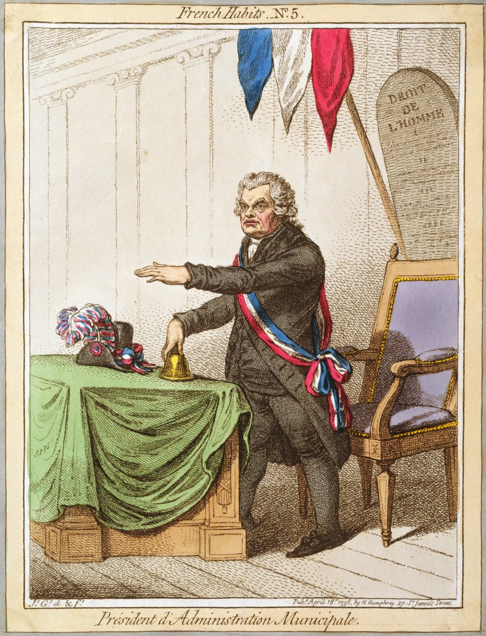 Presidente dAdministration Municipale, prato 5 de French Habits publicado por Hannah Humphrey em 1798 (gravura colorida) de James Gillray