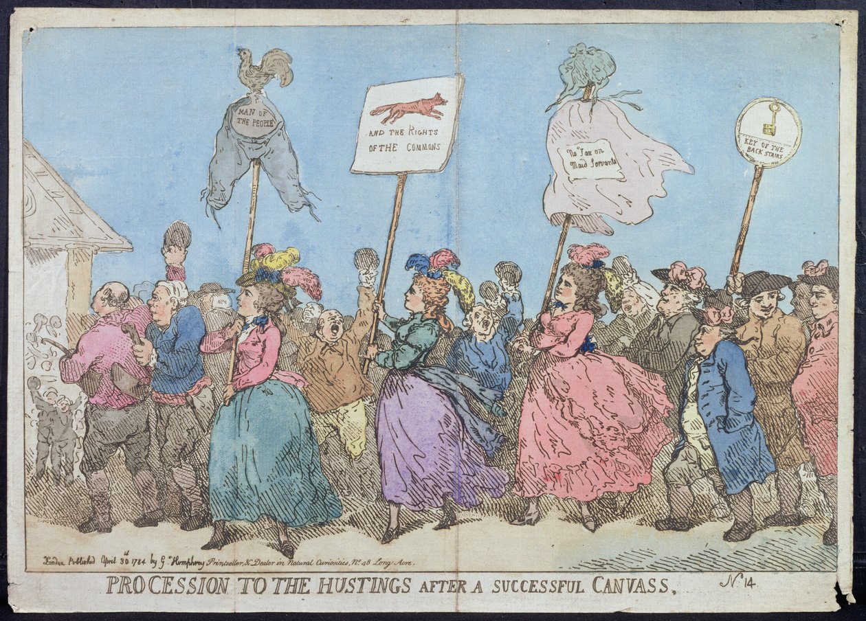 Procissão para o Hustings após uma campanha bem sucedida, publicada por G. Humphrey em 1784 (gravura à mão colorida) de James Gillray