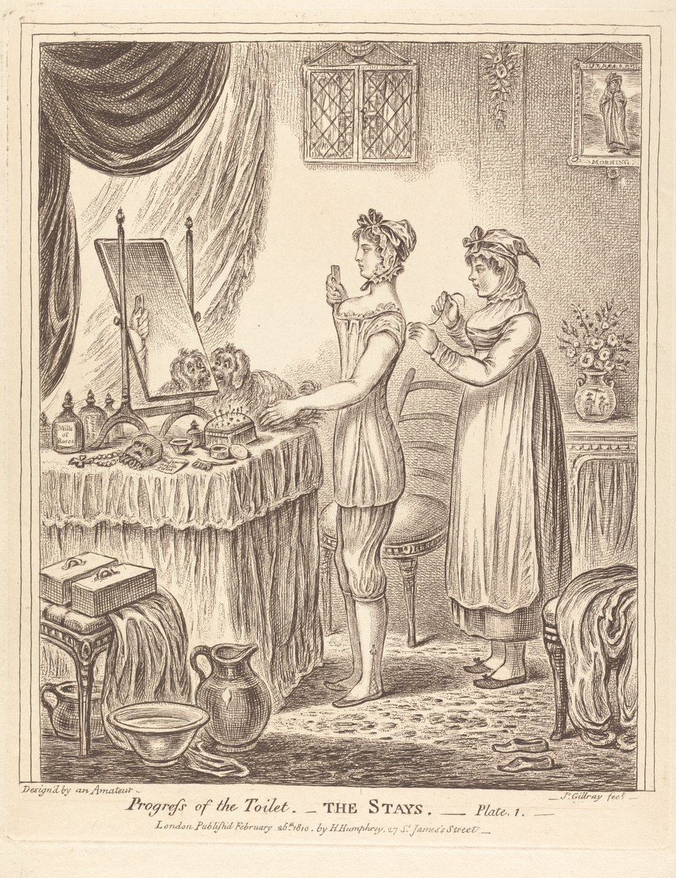 Progresso da toilette - O espartilho, prancha I de James Gillray
