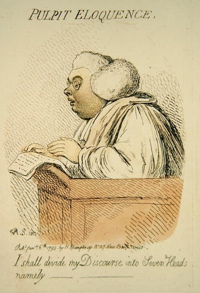 Pulpit Eloquence, publicado por Hannah Humphrey em 1795 (gravura colorida à mão) (detalhe de 191281) de James Gillray