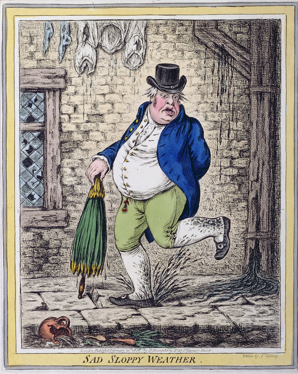 Sad Sloppy Weather, publicado por Hannah Humphrey em 1808 (gravura à mão colorida) de James Gillray