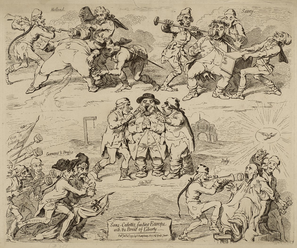Sans-Culottes, Alimentando a Europa com o Pão da Liberdade, publicado em 12 de janeiro de James Gillray
