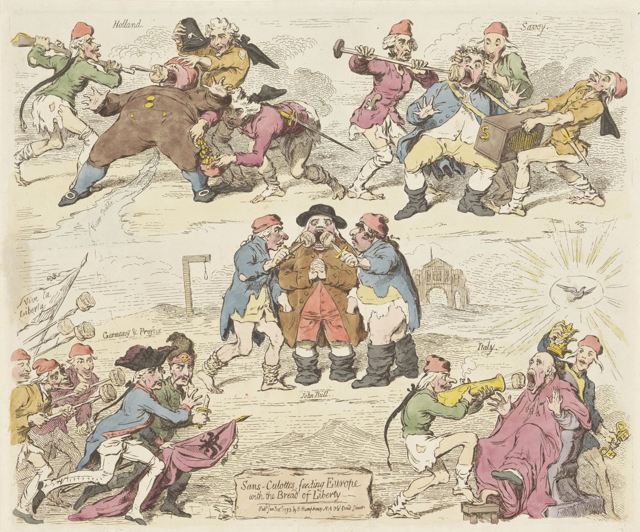 Sans-culottes alimentam a Europa com o pão da liberdade, 1793 Sans-culottes, alimentando a Europa com o Pão da Liberdade (título no objeto) de James Gillray