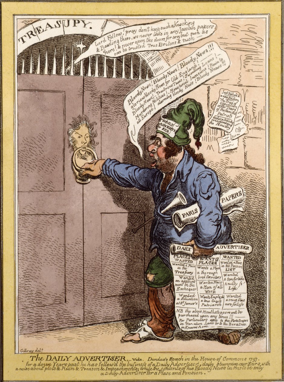 Desenhos animados satíricos no anunciante diário em relação ao discurso de Dundas na Câmara dos Comuns, 1797 de James Gillray