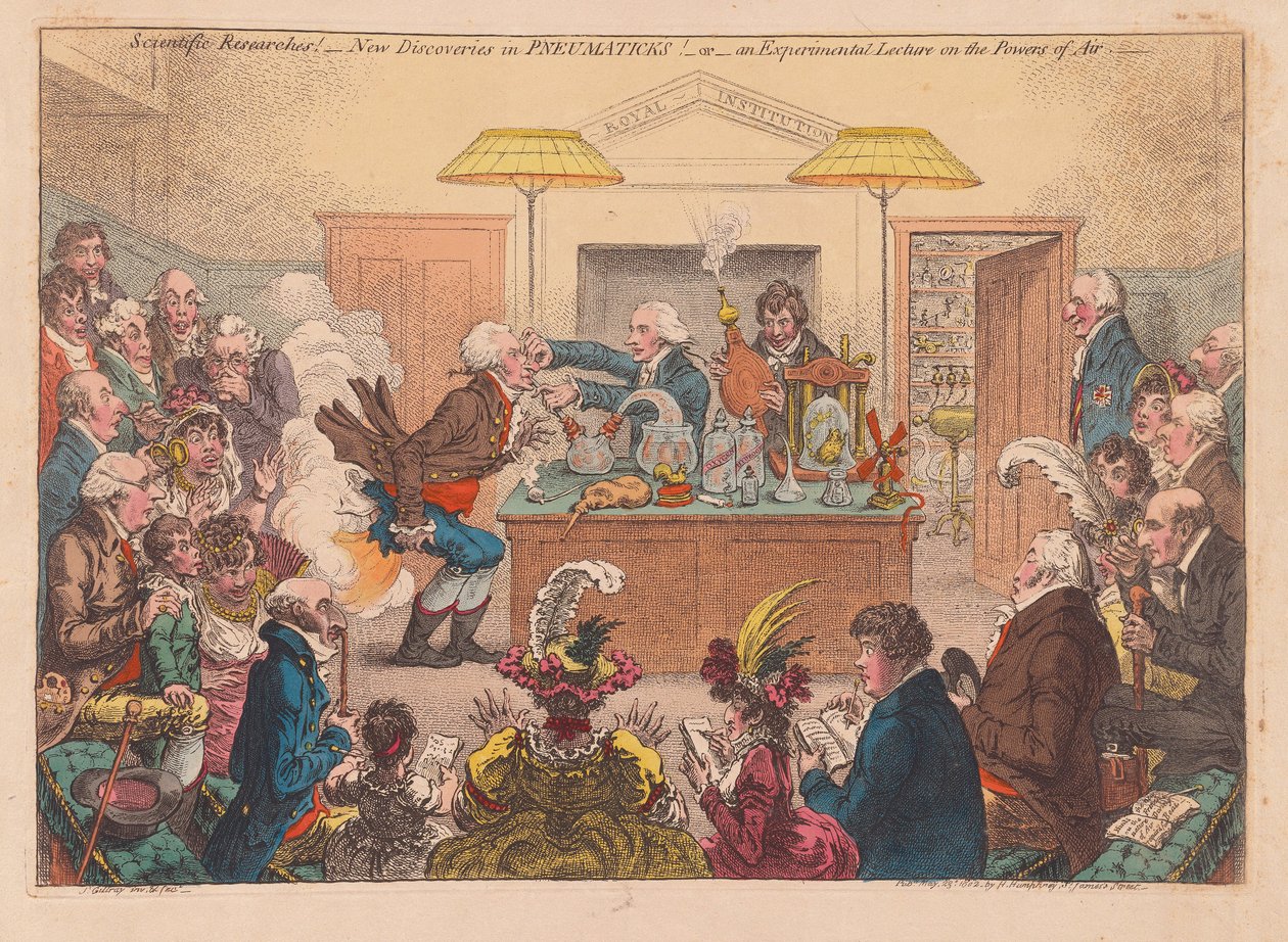Pesquisas Científicas! Novas descobertas na Pneumaticks! Ou uma Palestra Experimental sobre os Powers osf Air, pub. 1802 (gravura colorida à mão) de James Gillray