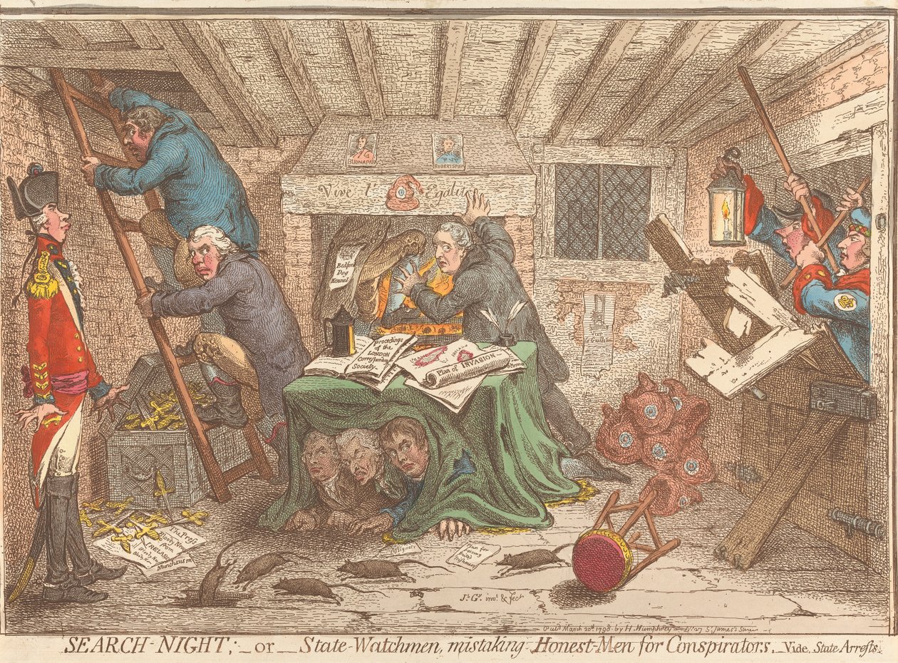 Noite de Buscas; - ou - Agentes do Estado que confundem homens honestos com conspiradores - Ver: Detenções pelo Estado de James Gillray