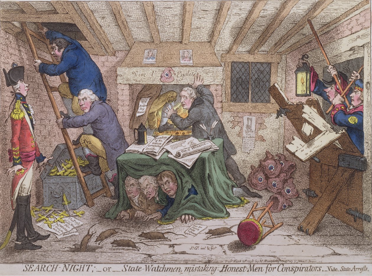 Search Night, ou The Watchmen State Mistaking Honest-men for Conspirators, publicado por Hannah Humphrey em 1798 (gravura à mão colorida) de James Gillray
