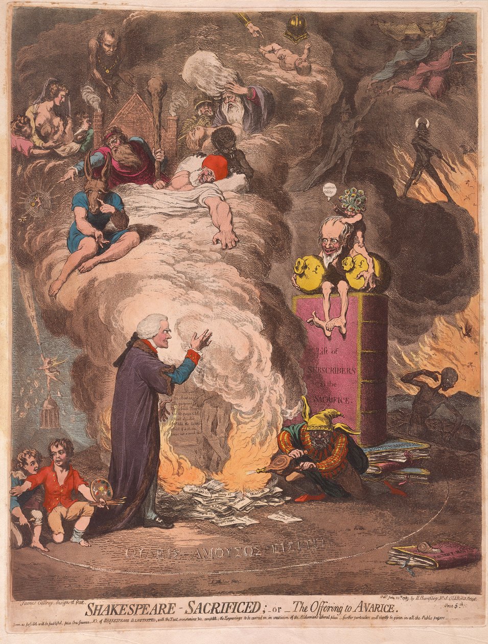 Shakespeare sacrificado ou o oferecimento da avareza, bar. 1789 (gravura colorida à mão) de James Gillray